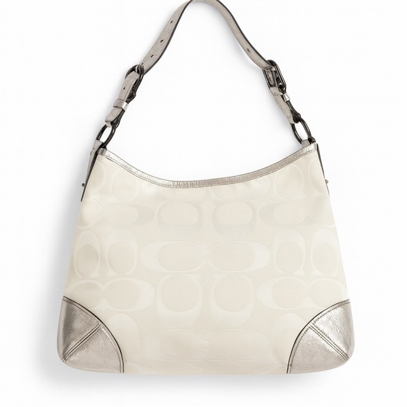 Coach Handbags - Coach Peyton White Canvas C Monogram Metallic Silver Leather Hobo Bag